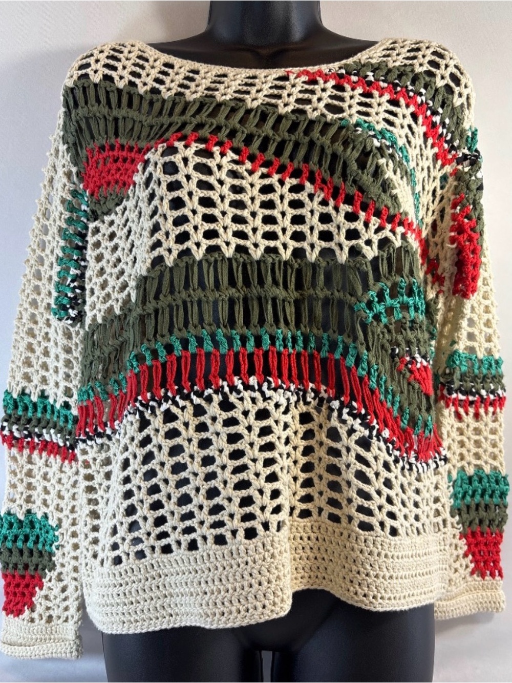Sandro Paris Crochet Open-Knit Cream Multicolor Boho Pullover Sweater S